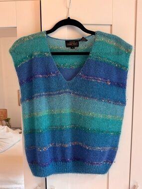 JEANNE PIERRE Aqua and Blue Striped V-Neck Knit Vest